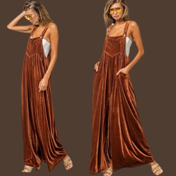 New Wide Leg Velvet Jumpsuit Overalls with Pockets - Picture 7 of 8